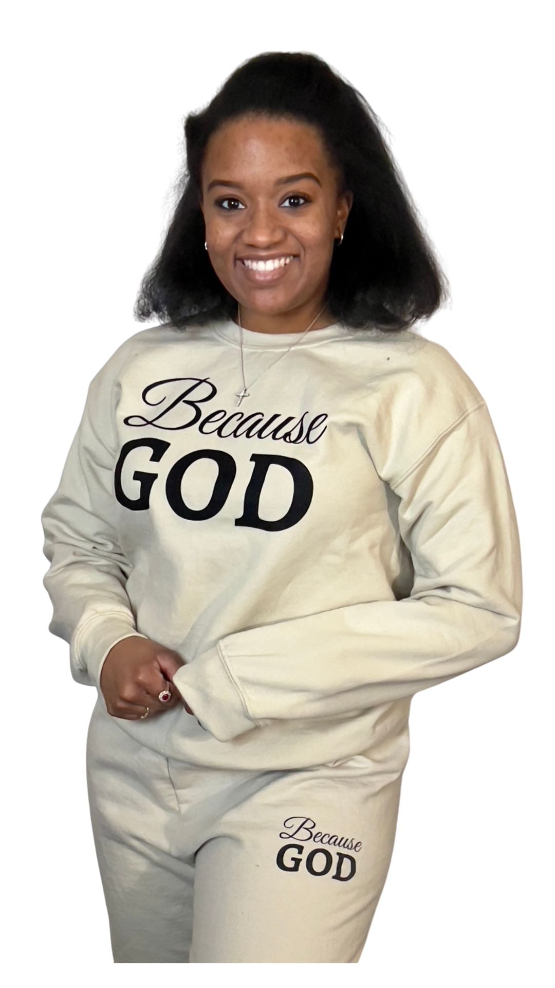 Beige Because God Crew Neck Sweatshirt